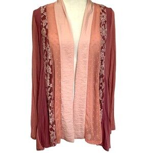 LOGO Lori Goldstein Women's  XS Open Front Kimono Cardigan Lace Trim Pockets